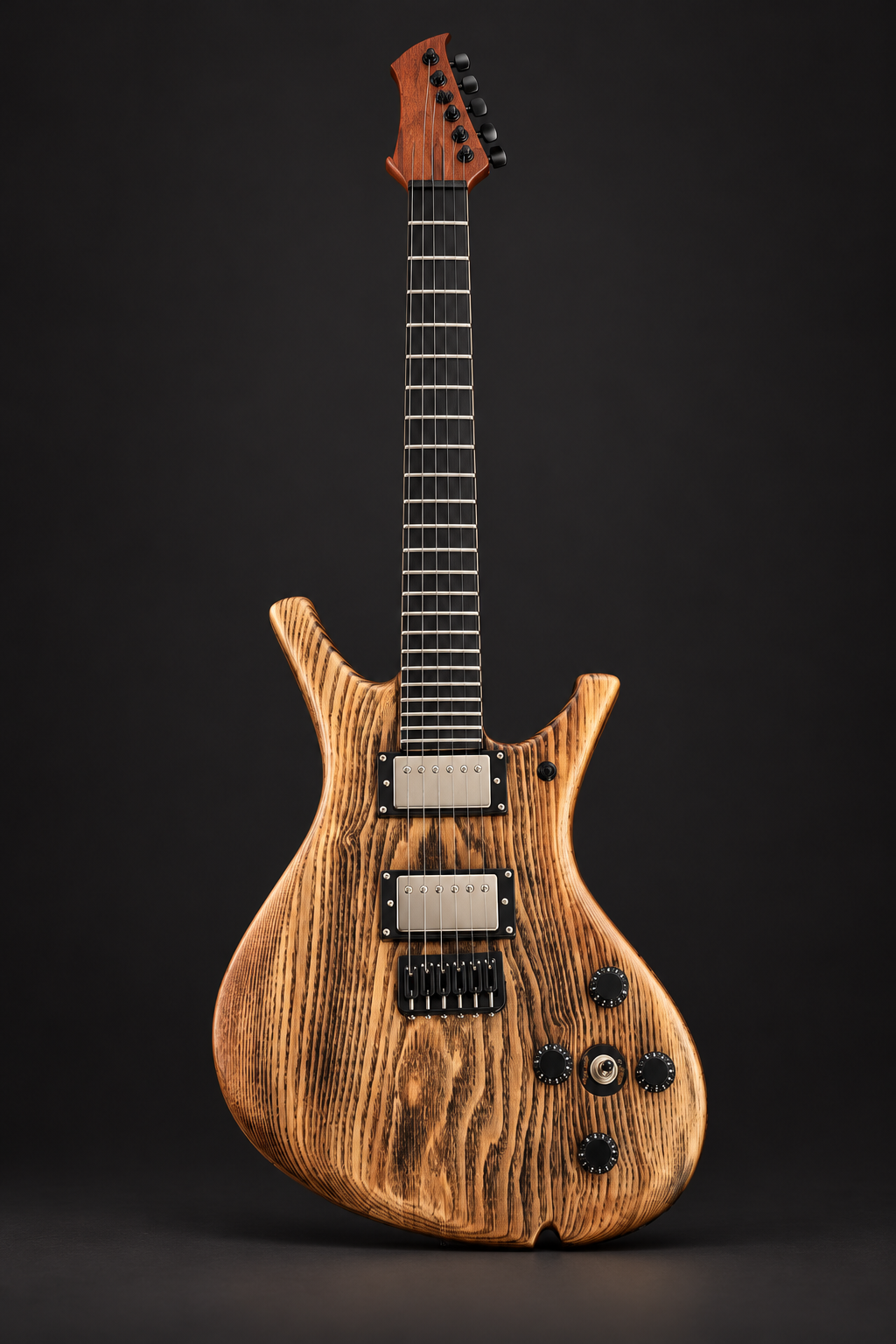 Natural striped-grain guitar with dark fretboard and black controls